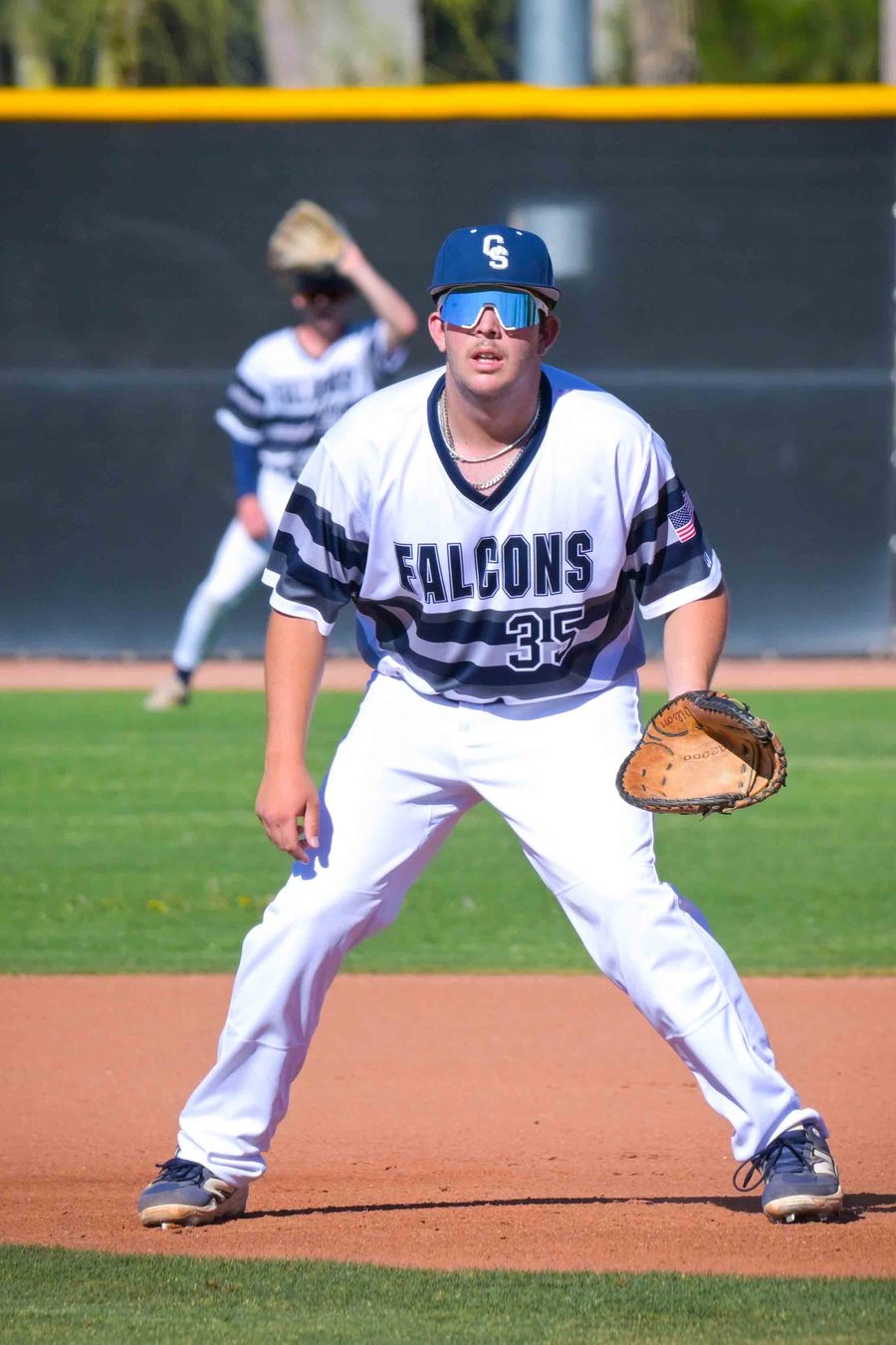 Cole Judge in the ready position at first base
